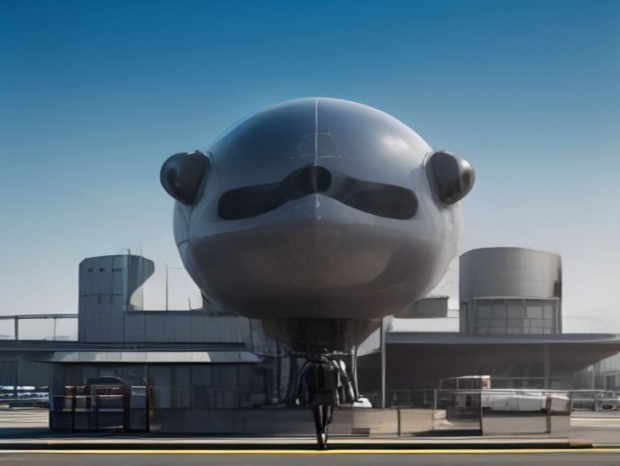 공항 활주로에 있는 특이한 구 형태의 항공기 동체, AI 에이전트 인포그래픽과는 무관한 이미지