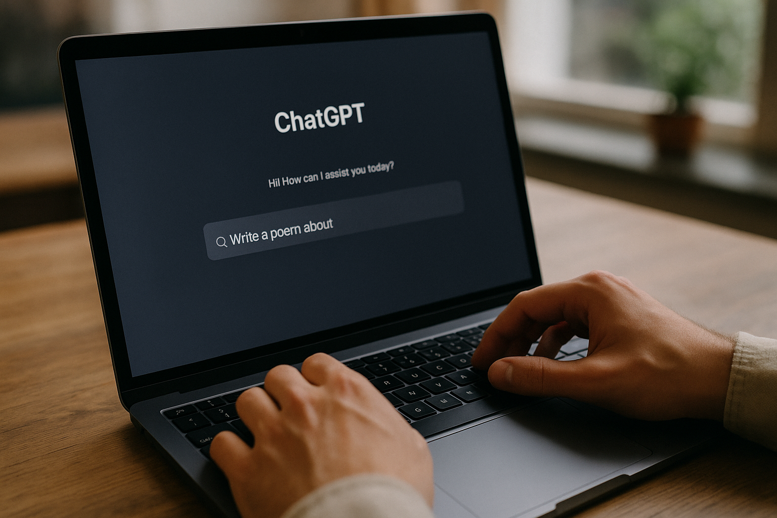 노트북 화면에 ChatGPT 채팅창을 띄워놓고 프롬프트를 입력하는 손 클로즈업 사진