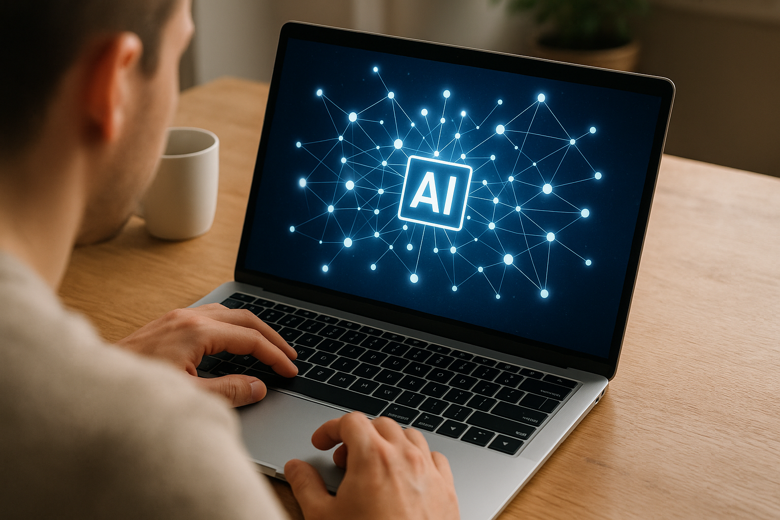 AI란 무엇인가 - 노트북 화면에 인공지능 네트워크 그래픽과 AI 아이콘이 떠 있고 남성이 이를 살펴보는 모습