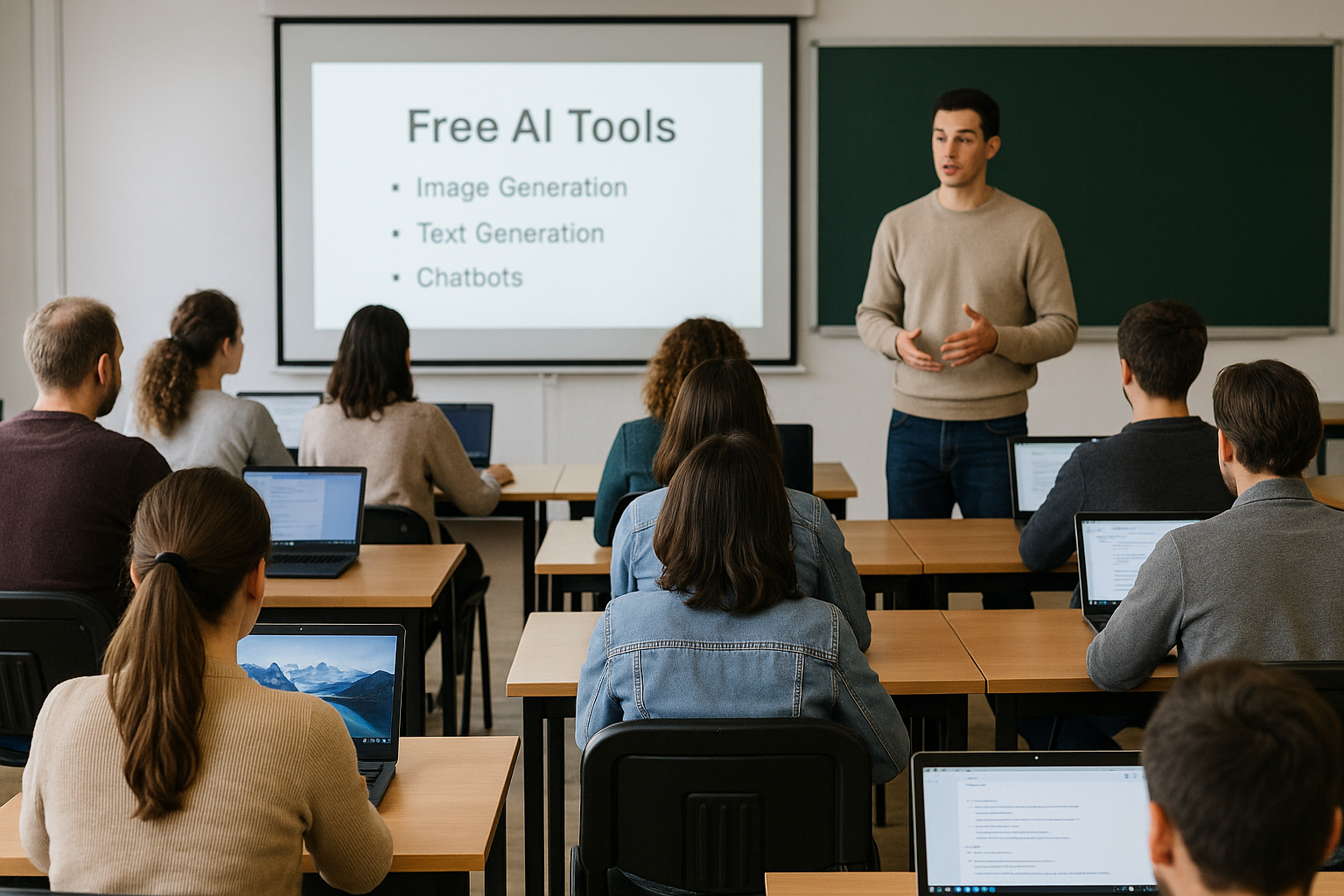 강사가 'Free AI Tools' 슬라이드를 띄우고 노트북으로 실습 중인 수강생들에게 강의하는 강의실 모습