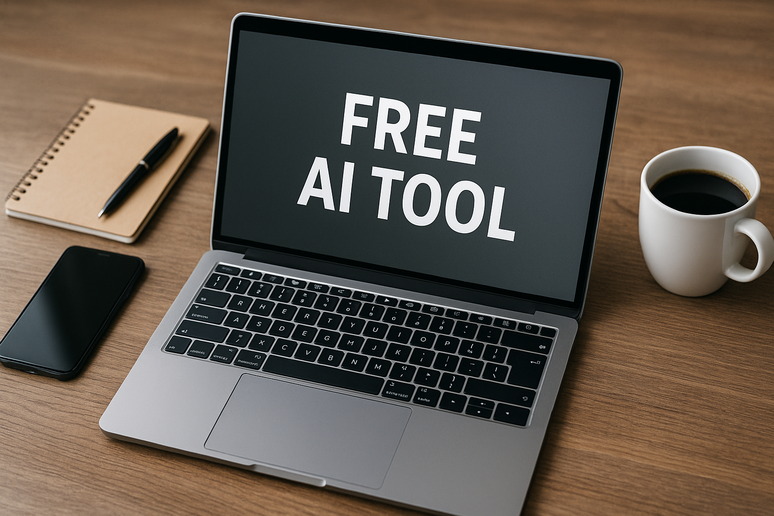 노트북 화면에 'FREE AI TOOL' 문구가 표시된 책상 위 작업 공간